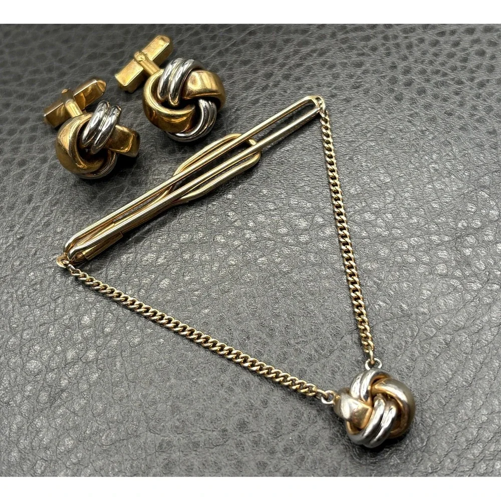 Vintage Swank Two Tone Knot Cufflinks Tie Clip Bar Set Gold Tone